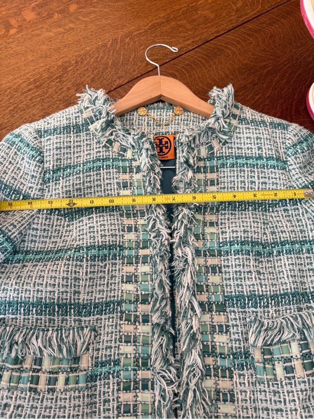 Tory Burch light green and white Tweed jacket with Fringe Trim - Picture 5 of 8